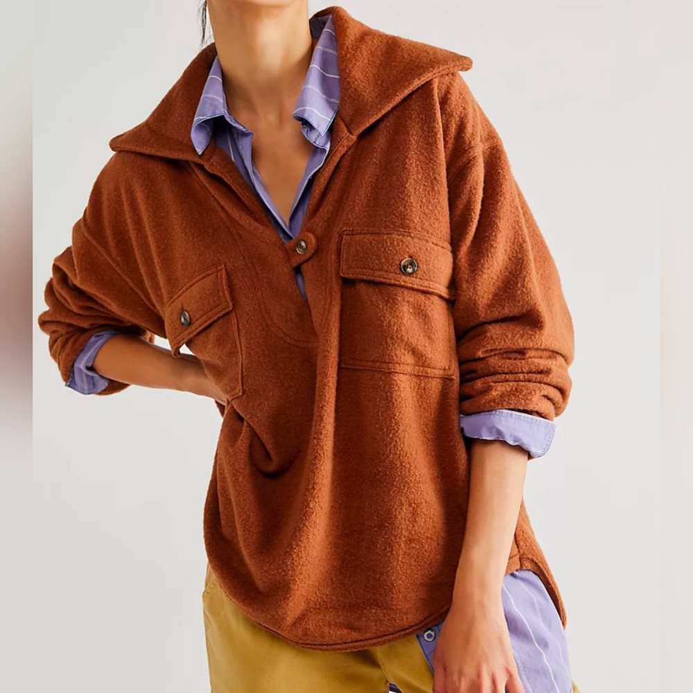Free People Beach All Time Henley Desert Topaz Tan Pullover Fleece Size L